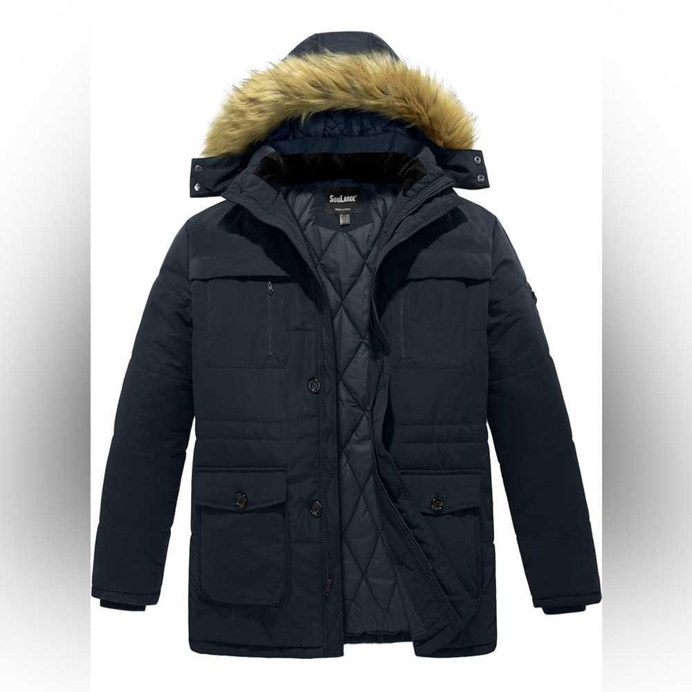 Soularge Men's Big and Tall Winter Warm Heavy Hooded Parka Jacket | Navy | 3X